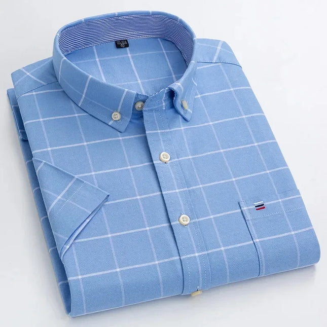 S-7XL Men's Short Sleeve Oxford Shirt - Comfortable Plaid & Solid Colors