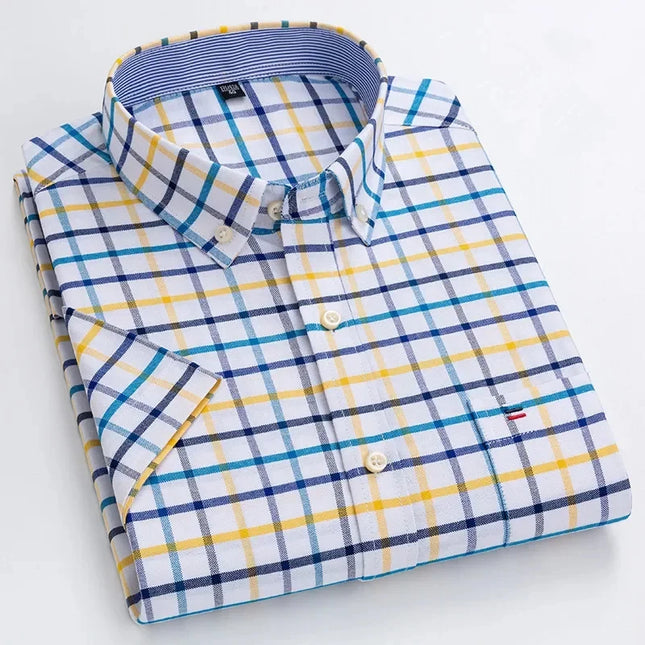 S-7XL Men's Short Sleeve Oxford Shirt - Comfortable Plaid & Solid Colors