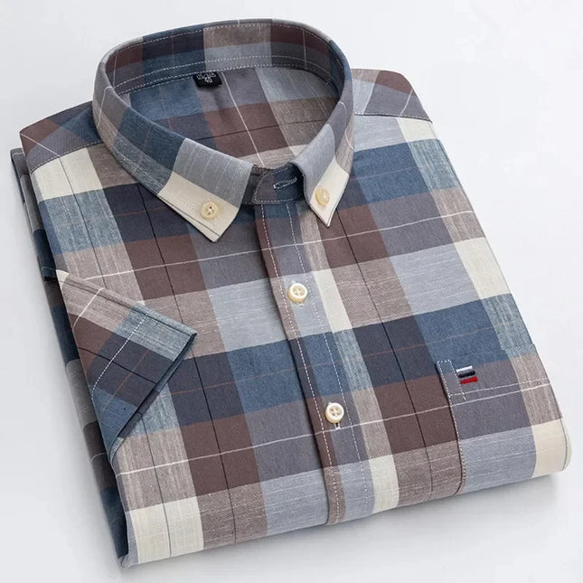S-7XL Men's Short Sleeve Oxford Shirt - Comfortable Plaid & Solid Colors