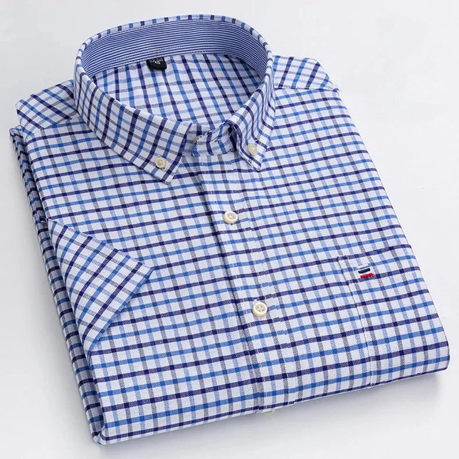 S-7XL Men's Short Sleeve Oxford Shirt - Comfortable Plaid & Solid Colors