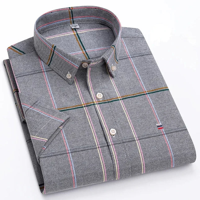 S-7XL Men's Short Sleeve Oxford Shirt - Comfortable Plaid & Solid Colors