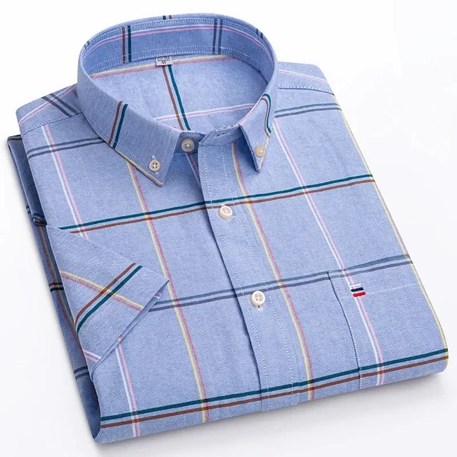 S-7XL Men's Short Sleeve Oxford Shirt - Comfortable Plaid & Solid Colors