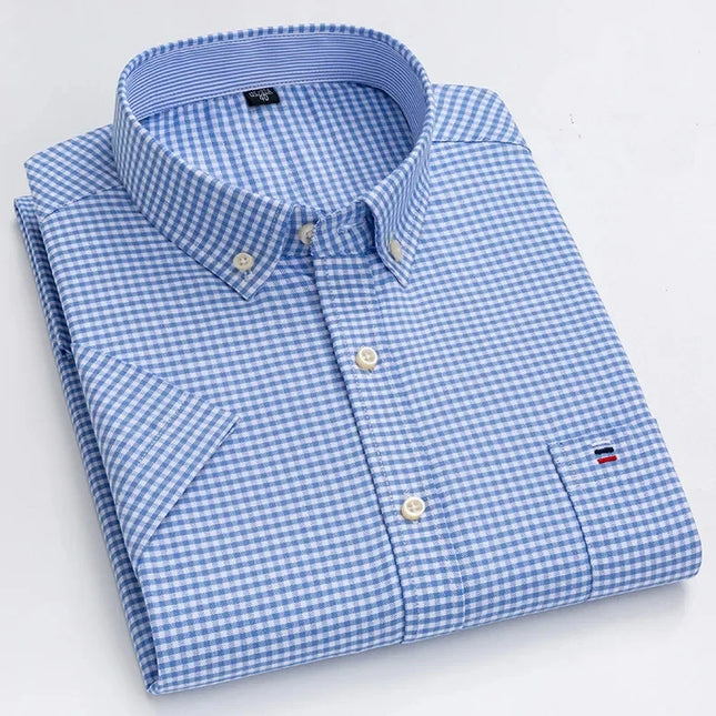 S-7XL Men's Short Sleeve Oxford Shirt - Comfortable Plaid & Solid Colors