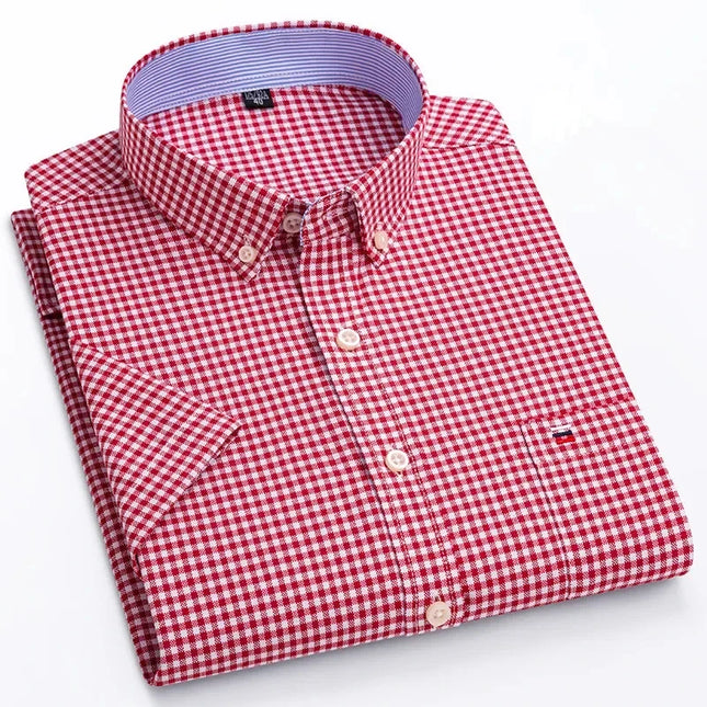 S-7XL Men's Short Sleeve Oxford Shirt - Comfortable Plaid & Solid Colors