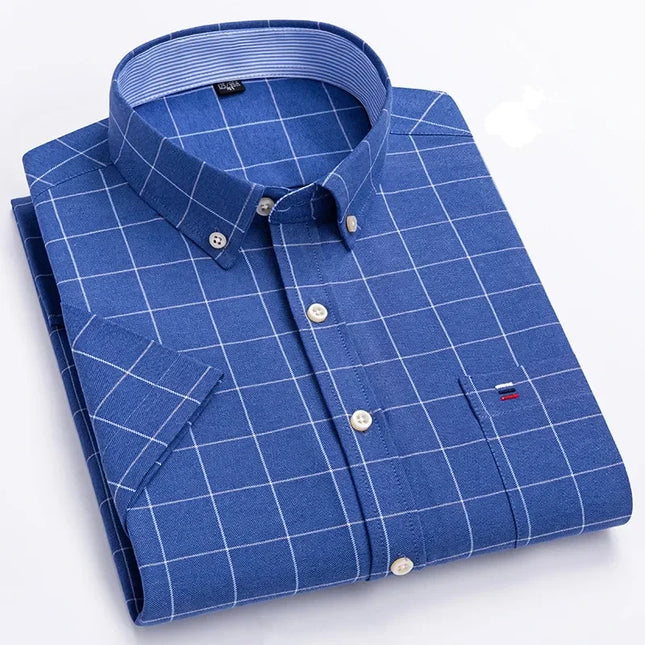 S-7XL Men's Short Sleeve Oxford Shirt - Comfortable Plaid & Solid Colors