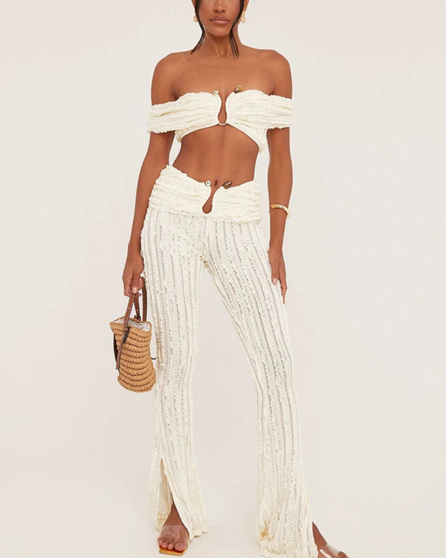 Ruched Trim Crop Tops + High Waist Pants - VOLDRI