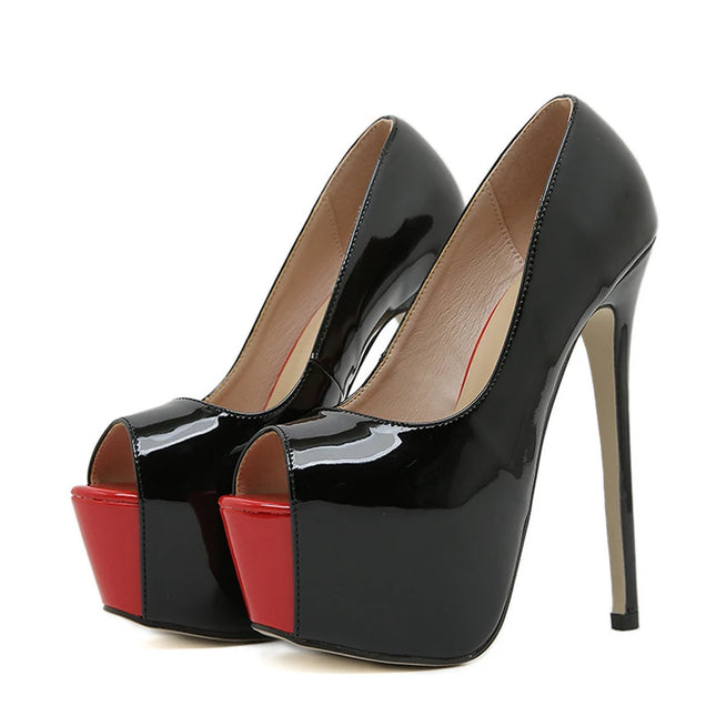 Black Red Leather Peep Toe Extreme High Heels - VOLDRI