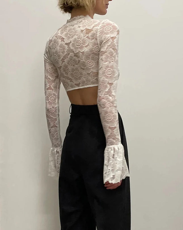 Lace Sheer Flare Sleeve Top - VOLDRI