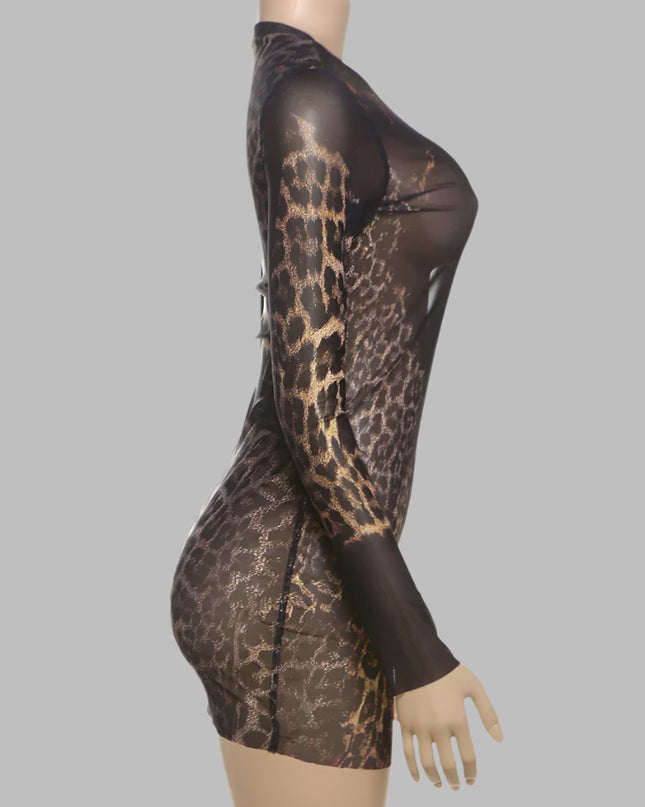 Mesh Leopard Print Mini Dress - VOLDRI