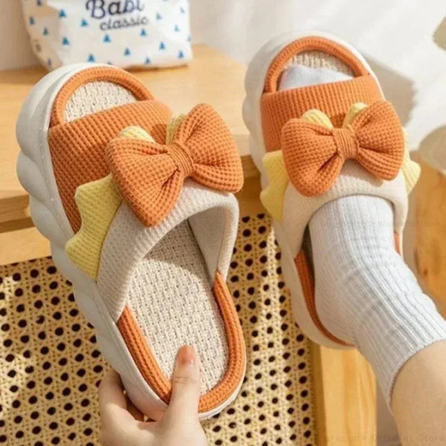 Linen Bowknot Flat Slippers