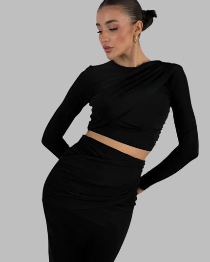 Hipster Full Sleeve Tops + High Waist Skirt - VOLDRI