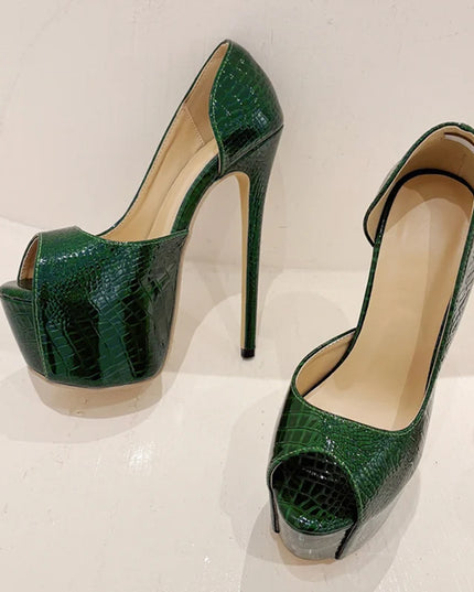 Green Snake Print Leather Platform Shoes - VOLDRI