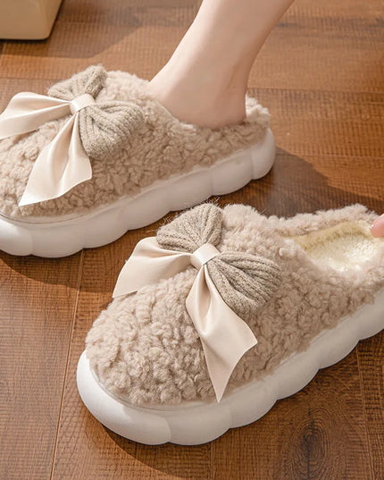 Fur Bow Plush Slippers