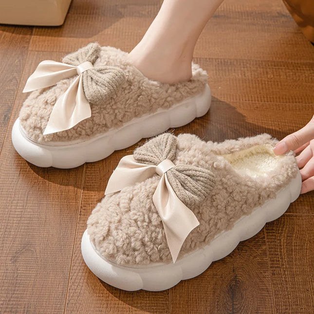 Fur Bow Plush Slippers