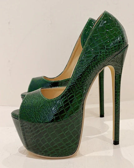 Green Snake Print Leather Platform Shoes - VOLDRI