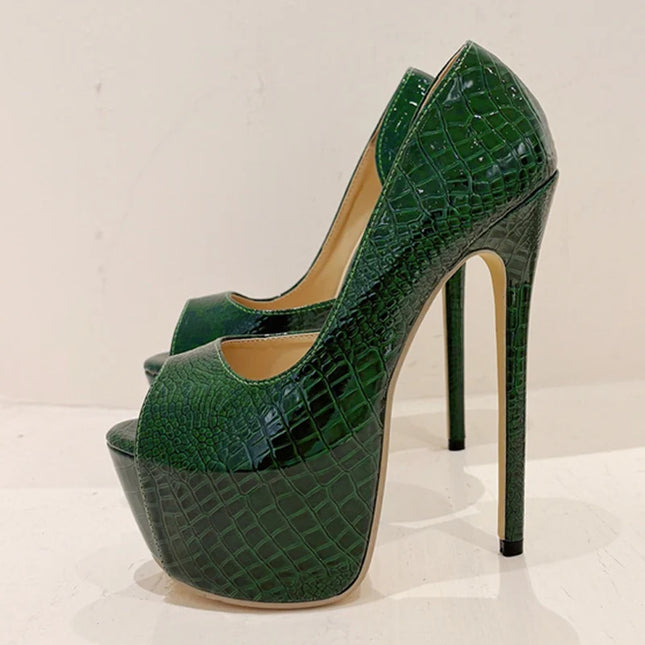 Green Snake Print Leather Platform Shoes - VOLDRI