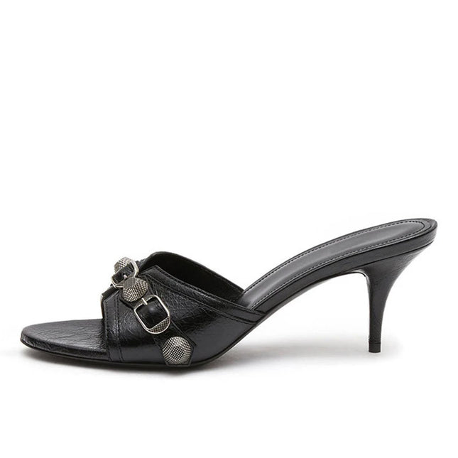 Rivet Buckle Heels Slippers - VOLDRI