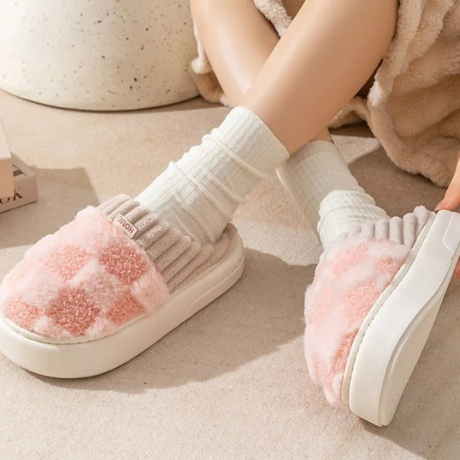 Slide Plaid Fluffy Slippers