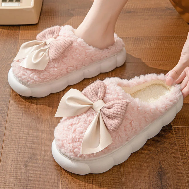 Fur Bow Plush Slippers