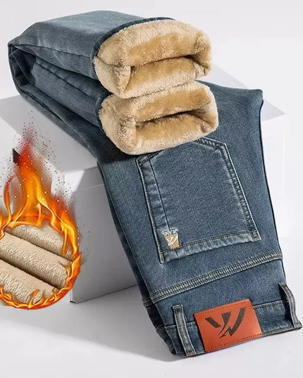 Winter Fleecy Thickened Warm Jeans Vintage Brand Classic Retro Youth Fashion Men Fit Straight Leg Casual Stretch Denim Pants -   | Stylish & Elegant Fashion by Voldri