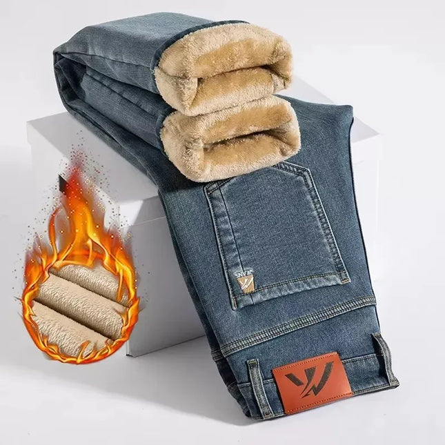 Winter Fleecy Thickened Warm Jeans Vintage Brand Classic Retro Youth Fashion Men Fit Straight Leg Casual Stretch Denim Pants -   | Stylish & Elegant Fashion by Voldri