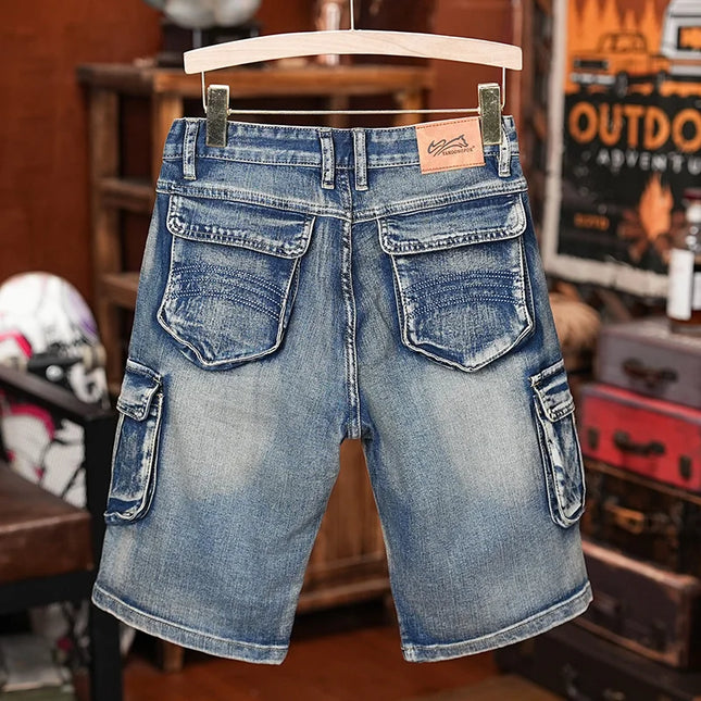 American Style Workwear Denim Shorts Summer Elastic Outdoor Trendy Brand Multi-pocket Loose Shorts Y2k Street Knee-high Pants -   | Stylish & Elegant Fashion by Voldri