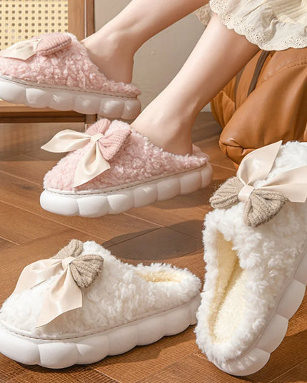 Fur Bow Plush Slippers