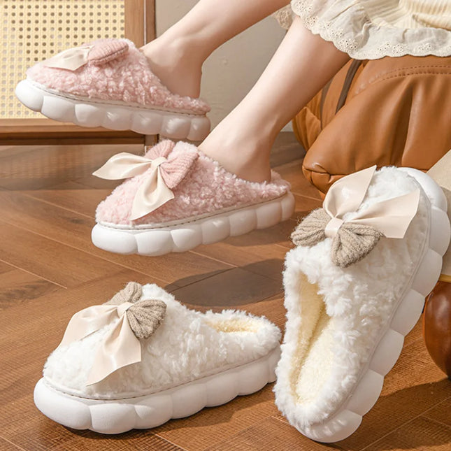 Fur Bow Plush Slippers