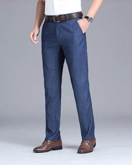 2024 New Men's Summer Thin Jeans Loose Stretch Large Size Ice Silk Straight Pants Elite Business Casual Pants Smoke Gray Blue -   | Stylish & Elegant Fashion by Voldri