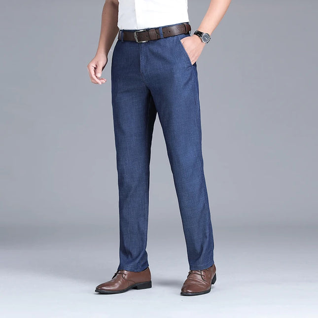 2024 New Men's Summer Thin Jeans Loose Stretch Large Size Ice Silk Straight Pants Elite Business Casual Pants Smoke Gray Blue -   | Stylish & Elegant Fashion by Voldri