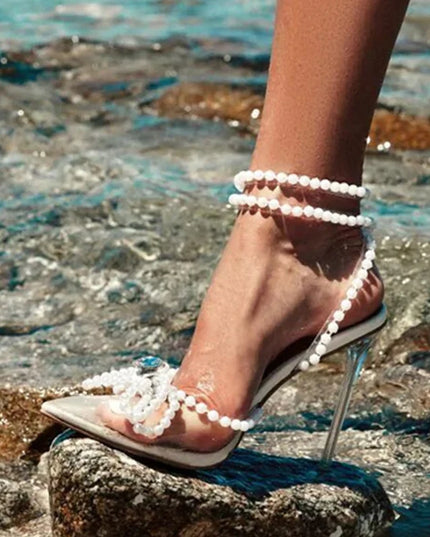 White String Bead High Heels - VOLDRI