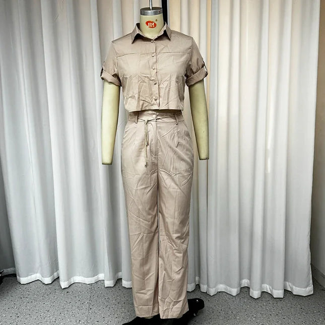 Lapel Top + Belt + Pants Set