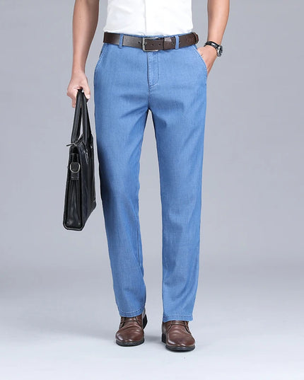 2024 New Men's Summer Thin Jeans Loose Stretch Large Size Ice Silk Straight Pants Elite Business Casual Pants Smoke Gray Blue -   | Stylish & Elegant Fashion by Voldri
