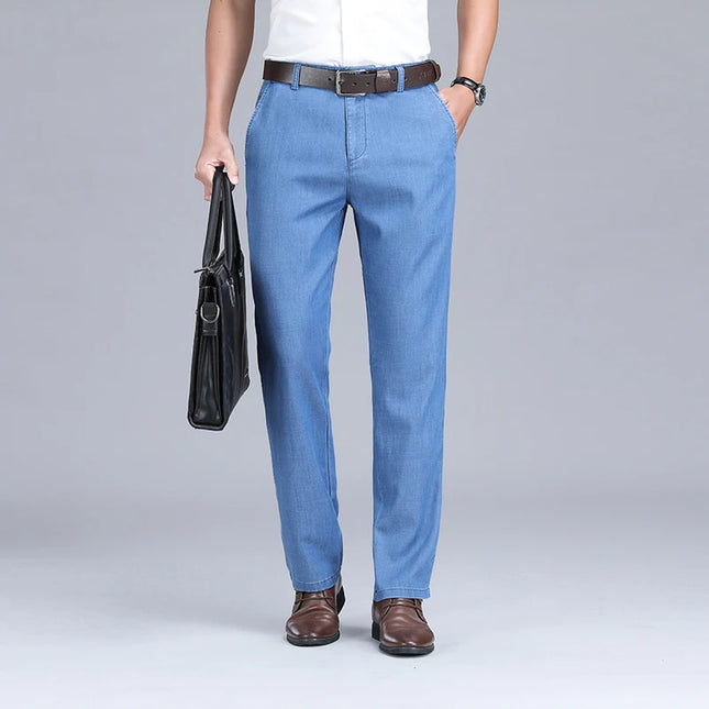2024 New Men's Summer Thin Jeans Loose Stretch Large Size Ice Silk Straight Pants Elite Business Casual Pants Smoke Gray Blue -   | Stylish & Elegant Fashion by Voldri