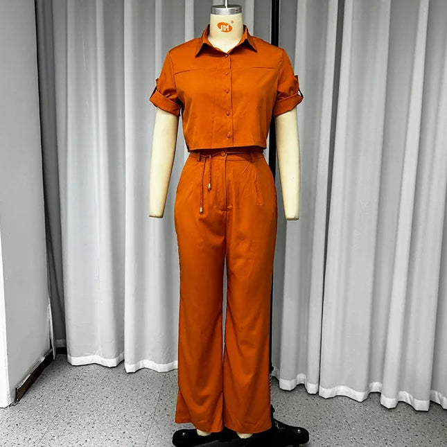 Lapel Top + Belt + Pants Set