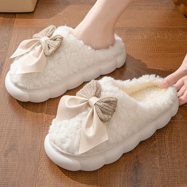 Fur Bow Plush Slippers