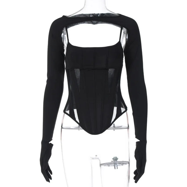 2 Piece Set Long Sleeve Corset Top - VOLDRI