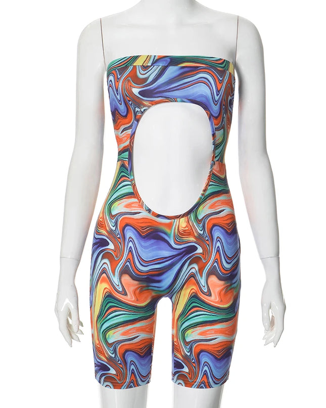 Colorful Printed Hollow  Playsuits Wear - VOLDRI