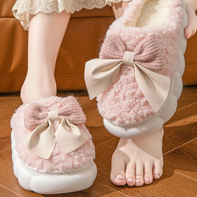 Fur Bow Plush Slippers