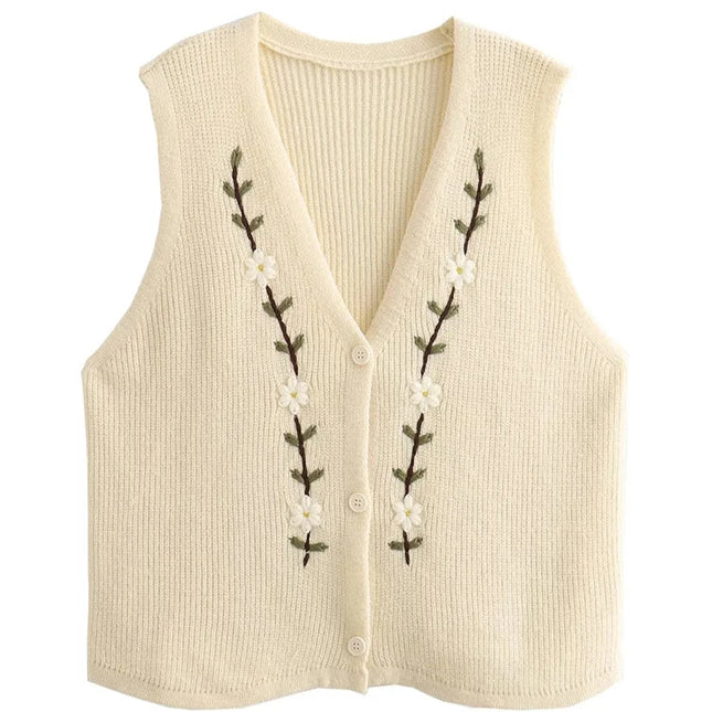 Embroidery Flower Sleeveless Sweater - VOLDRI