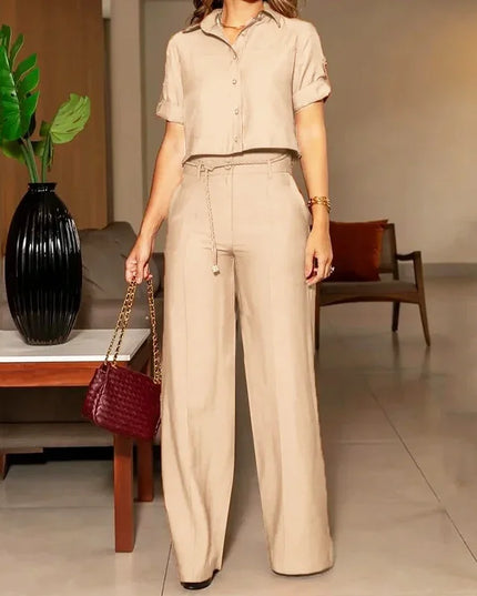 Lapel Top + Belt + Pants Set - VOLDRI