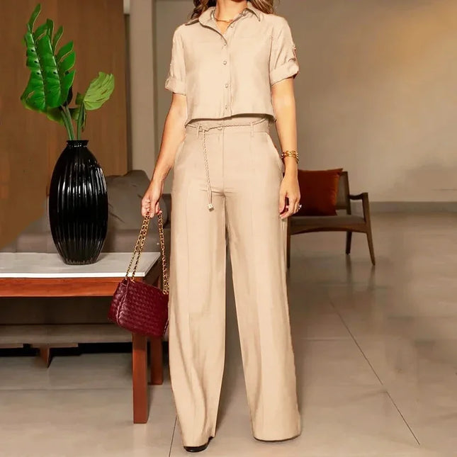 Lapel Top + Belt + Pants Set