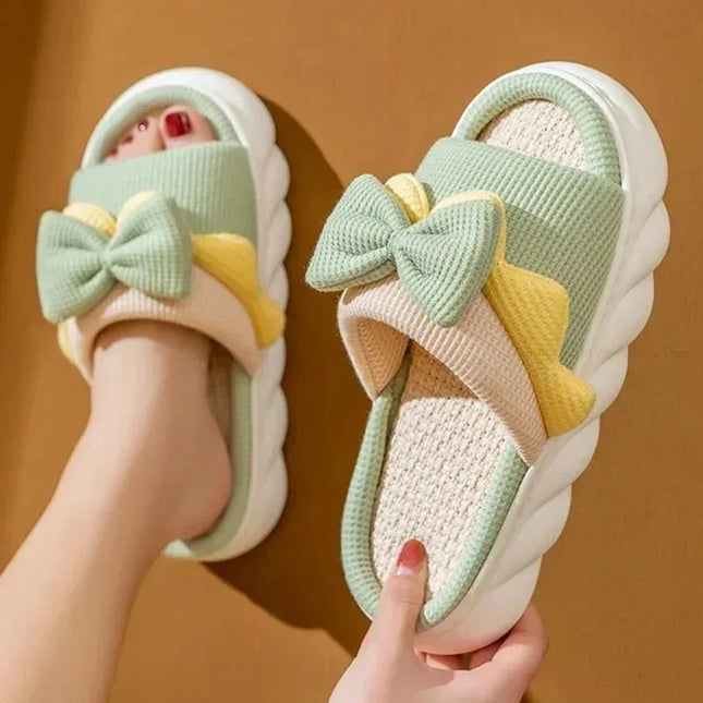 Linen Bowknot Flat Slippers