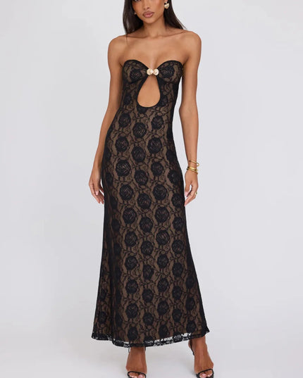 Lace Bodycon Strapless Long Dress - VOLDRI