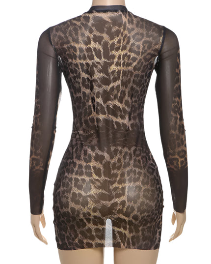 Mesh Leopard Print Mini Dress - VOLDRI