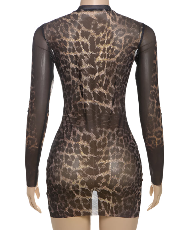 Mesh Leopard Print Mini Dress - VOLDRI