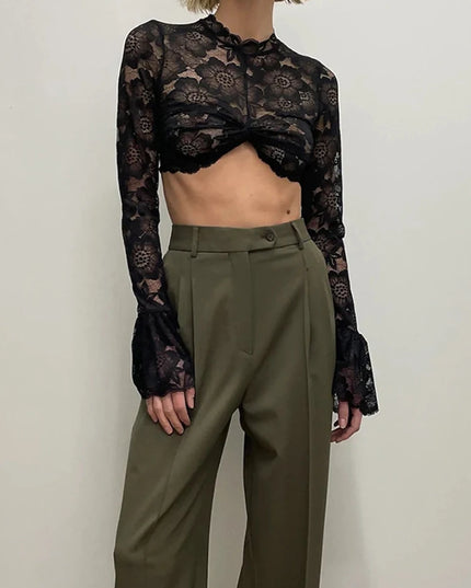 Lace Sheer Flare Sleeve Top - VOLDRI