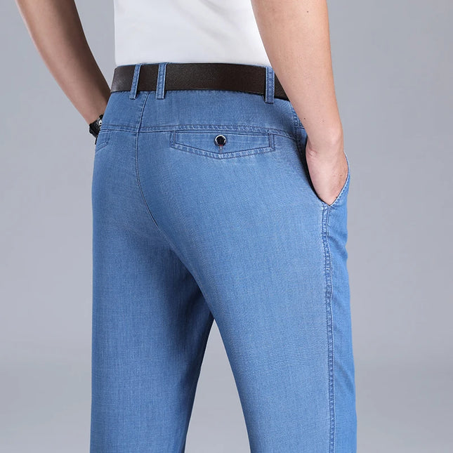 2024 New Men's Summer Thin Jeans Loose Stretch Large Size Ice Silk Straight Pants Elite Business Casual Pants Smoke Gray Blue -   | Stylish & Elegant Fashion by Voldri