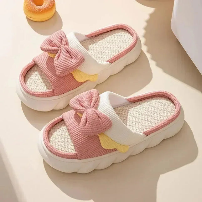 Linen Bowknot Flat Slippers