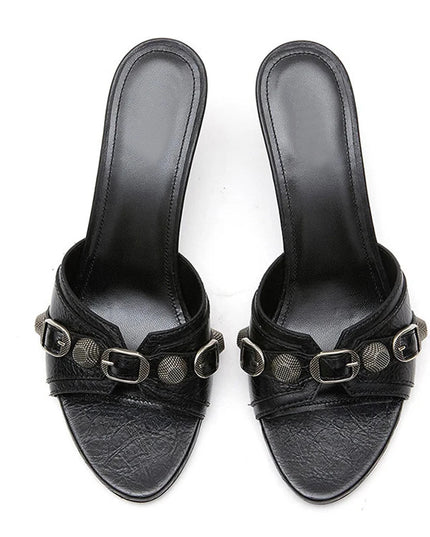 Rivet Buckle Heels Slippers - VOLDRI